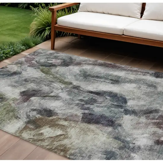 Gray Olive Green And Ivory Abstract Washable Indoor Outdoor Area Rug Photo 2