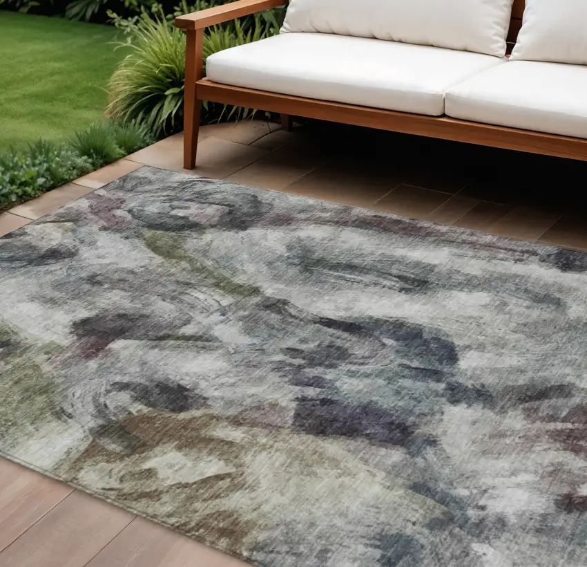 Gray Olive Green And Ivory Abstract Washable Indoor Outdoor Area Rug Photo 2