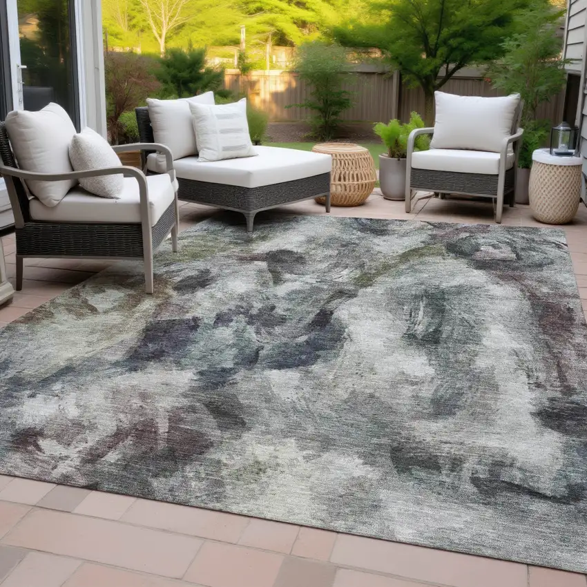 Gray Olive Green And Ivory Abstract Washable Indoor Outdoor Area Rug Photo 9