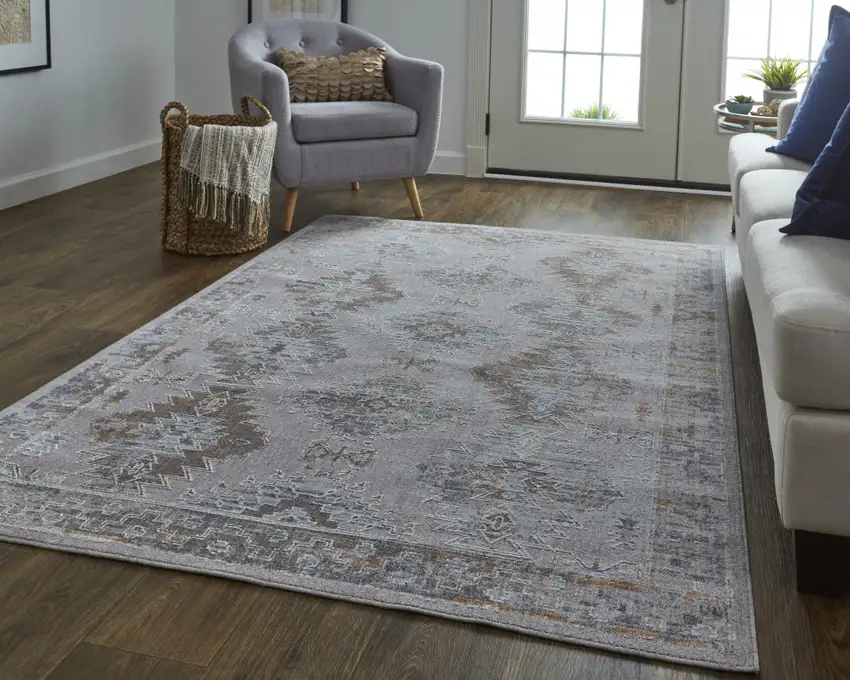 Gray Orange And Blue Geometric Power Loom Distressed Stain Resistant Area Rug Photo 7
