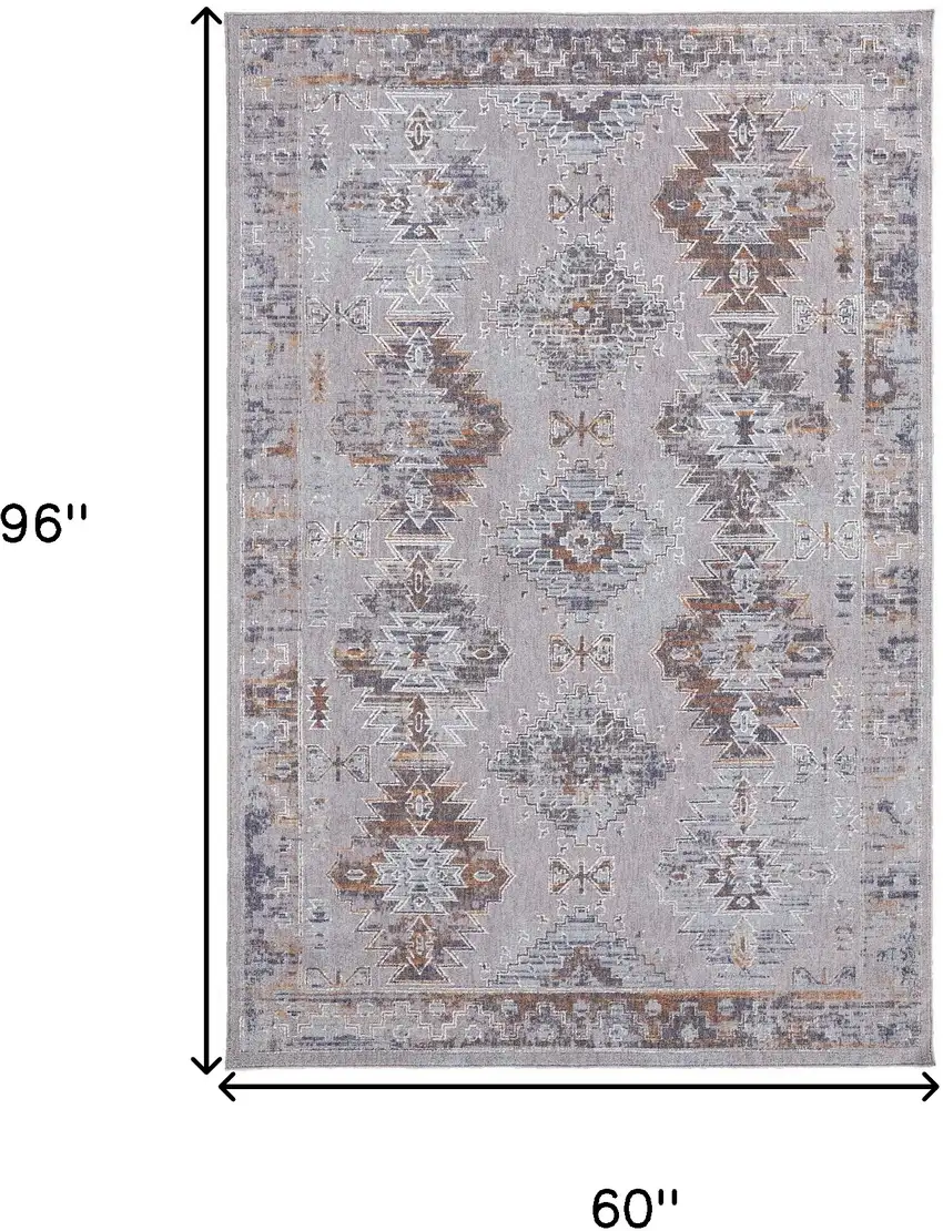 Gray Orange And Blue Geometric Power Loom Distressed Stain Resistant Area Rug Photo 10
