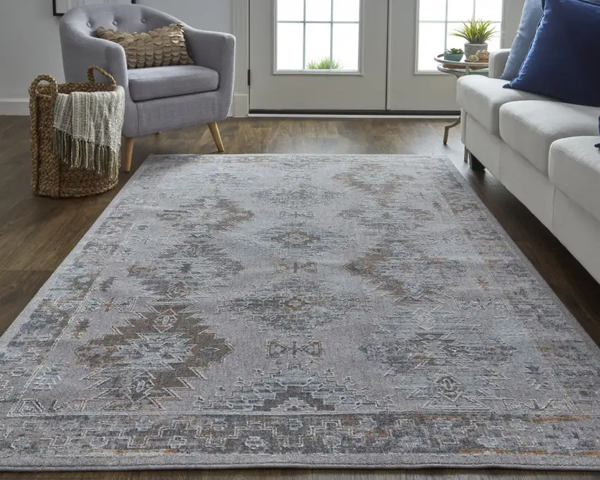Gray Orange And Blue Geometric Power Loom Distressed Stain Resistant Area Rug Photo 6
