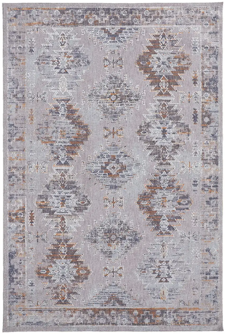 Gray Orange And Blue Geometric Power Loom Distressed Stain Resistant Area Rug Photo 1