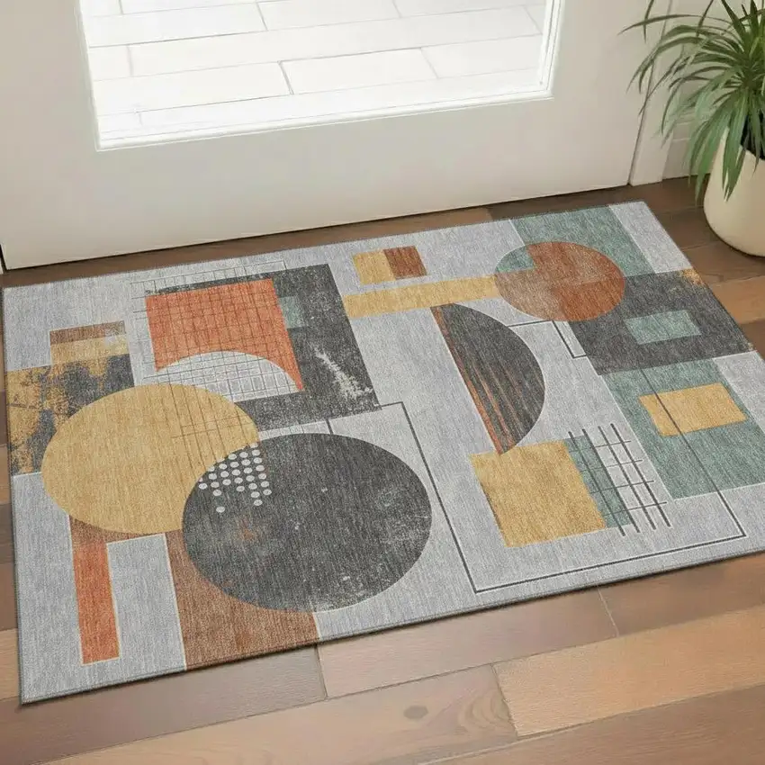 Gray Orange And Gold Geometric Washable Area Rug With UV Protection Photo 2