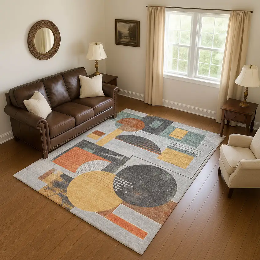 Gray Orange And Gold Geometric Washable Area Rug With UV Protection Photo 4