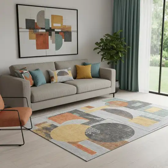 Gray Orange And Gold Geometric Washable Area Rug With UV Protection Photo 2