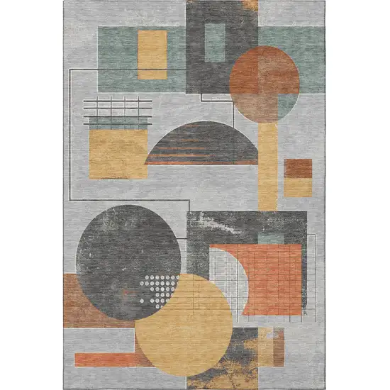 Gray Orange And Gold Geometric Washable Area Rug With UV Protection Photo 2