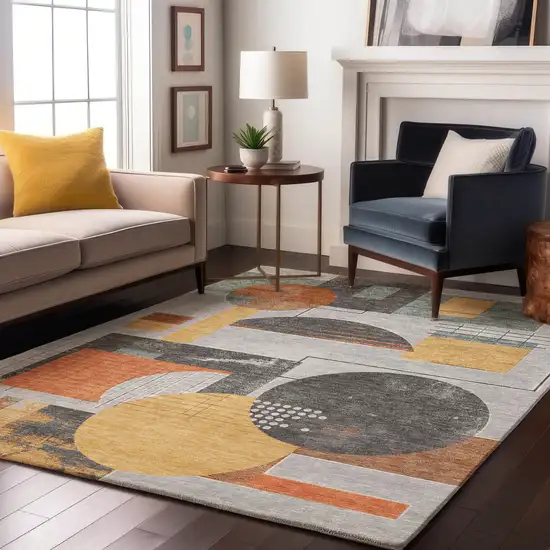 Gray Orange And Gold Geometric Washable Area Rug With UV Protection Photo 4