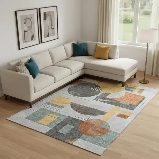 Gray Orange And Gold Geometric Washable Area Rug With UV Protection Photo 2