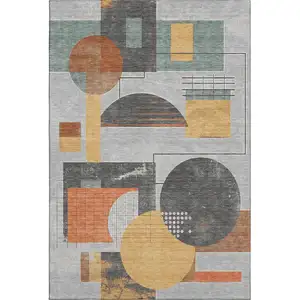 Photo of Gray Orange And Gold Geometric Washable Area Rug With UV Protection