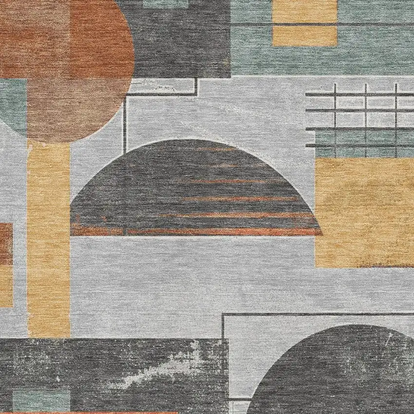 Gray Orange And Gold Geometric Washable Area Rug With UV Protection Photo 2