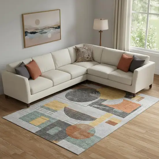 Gray Orange And Gold Geometric Washable Area Rug With UV Protection Photo 2