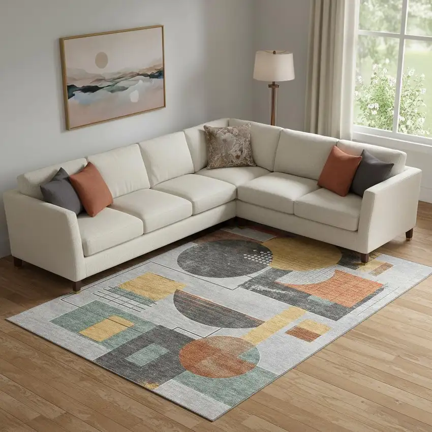 Gray Orange And Gold Geometric Washable Area Rug With UV Protection Photo 2