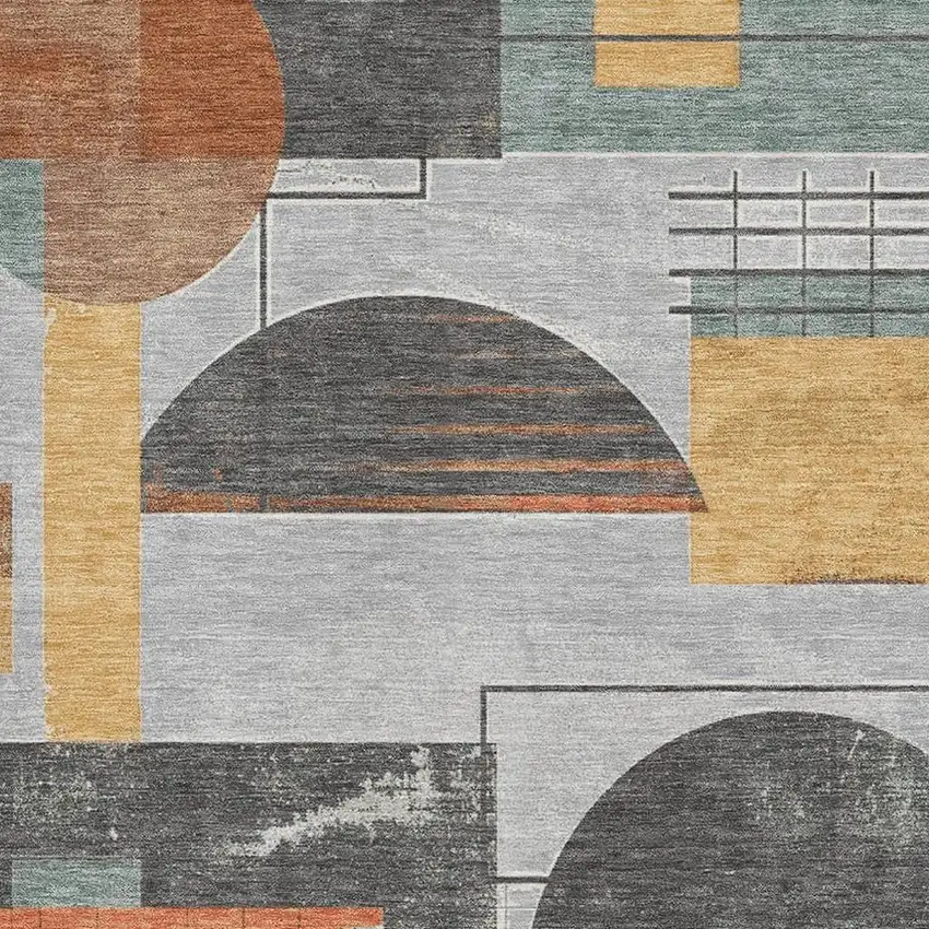 Gray Orange And Gold Geometric Washable Area Rug With UV Protection Photo 2