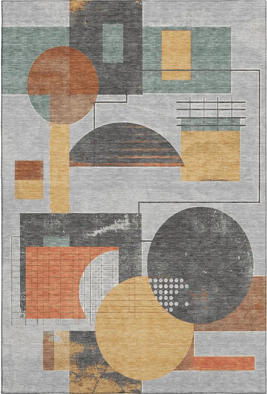 Gray Orange And Gold Geometric Washable Area Rug With UV Protection Photo 1