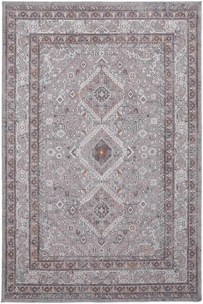 Gray Orange And Ivory Floral Power Loom Stain Resistant Area Rug Photo 1