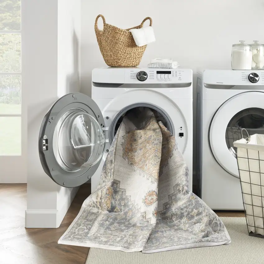 8' Gray And Gold Floral Medallion Distressed Washable Runner Rug Photo 6