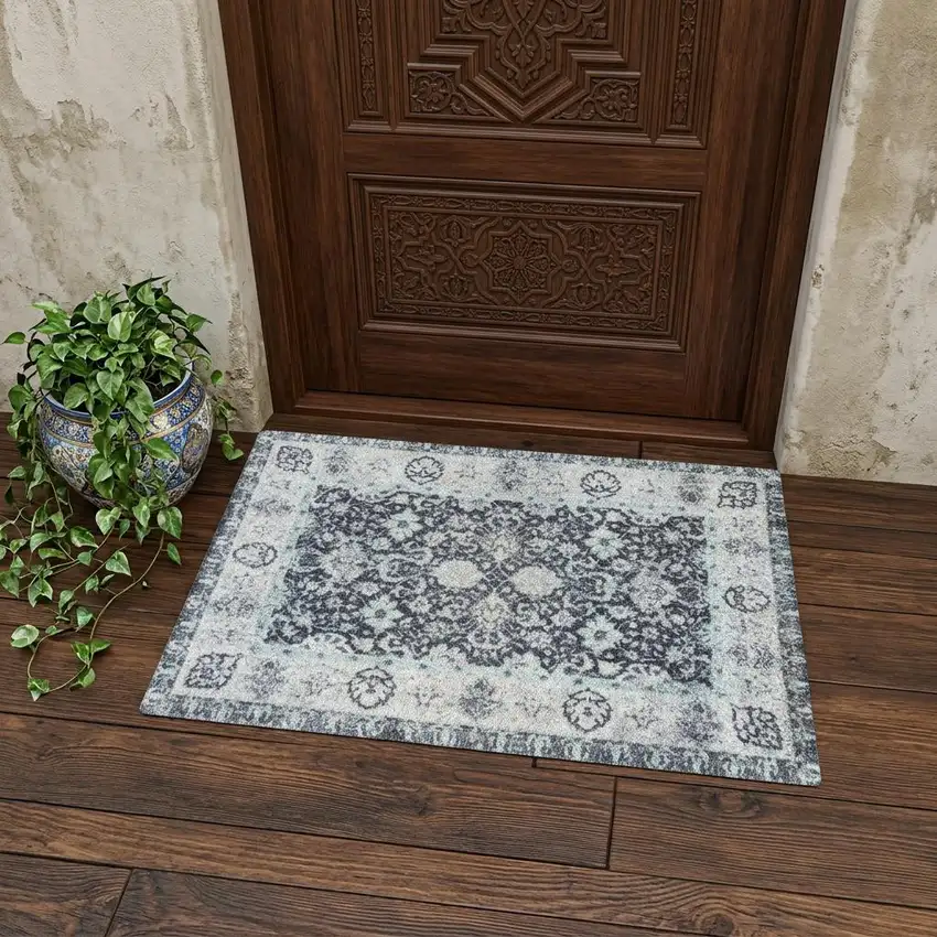 Gray Oriental Washable Area Rug With UV Protection Photo 1