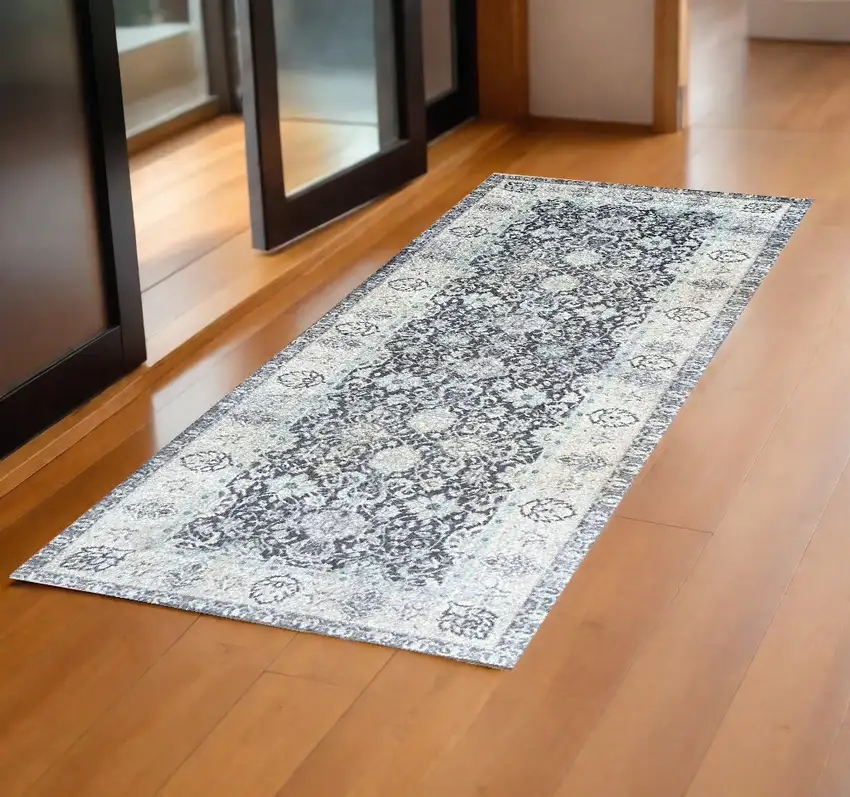 2' X 6' Gray Oriental Washable Runner Rug With UV Protection Photo 1