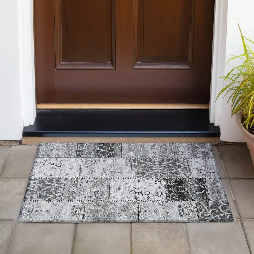 Gray Patchwork Washable Non Skid Indoor Outdoor Area Rug Photo 8