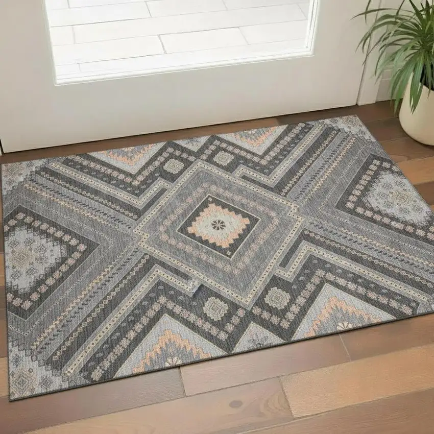 Gray Peach And Silver Tribal Washable Area Rug With UV Protection Photo 2