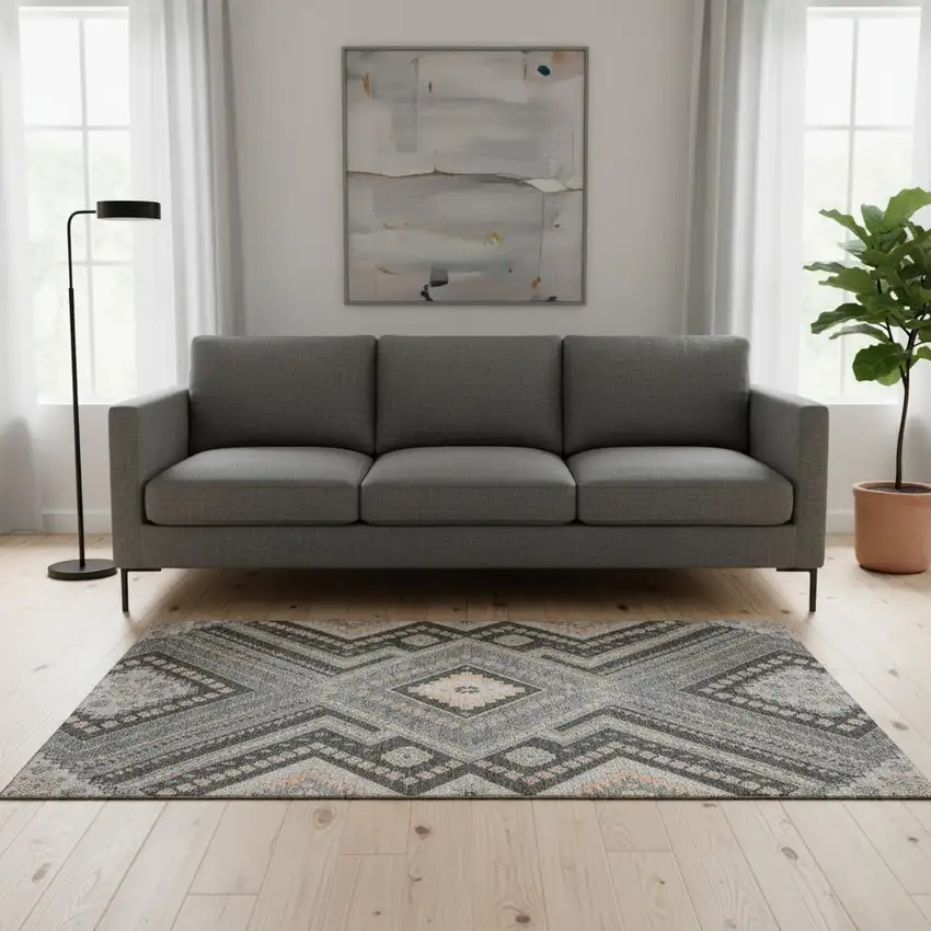 Gray Peach And Silver Tribal Washable Area Rug With UV Protection Photo 2