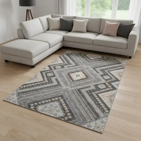 Gray Peach And Silver Tribal Washable Area Rug With UV Protection Photo 2