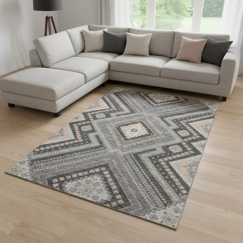 Gray Peach And Silver Tribal Washable Area Rug With UV Protection Photo 2