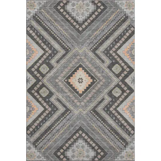Gray Peach And Silver Tribal Washable Area Rug With UV Protection Photo 1