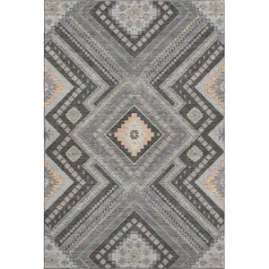 Photo of Gray Peach And Silver Tribal Washable Area Rug With UV Protection