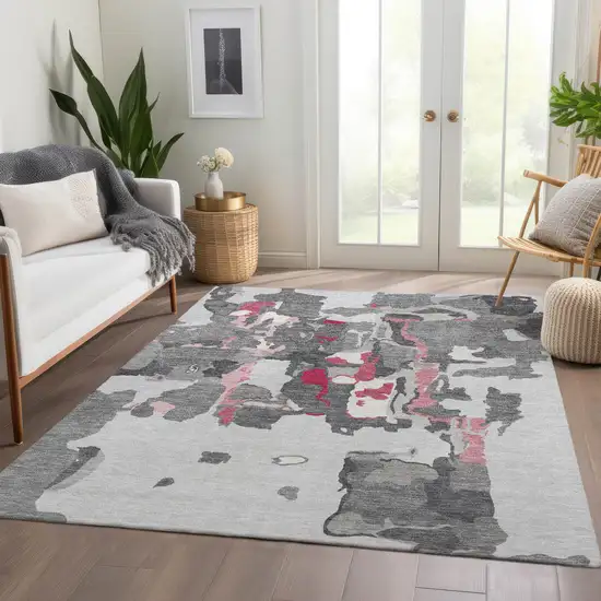 Gray Pink And Ivory Abstract Washable Area Rug With UV Protection Photo 5
