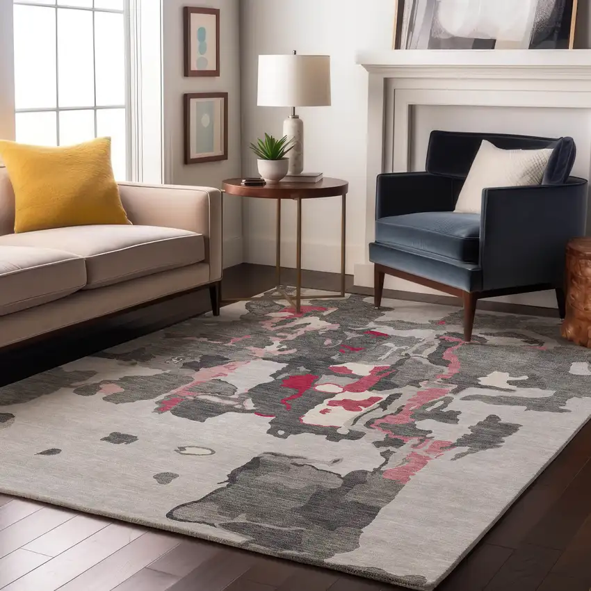 Gray Pink And Ivory Abstract Washable Area Rug With UV Protection Photo 4