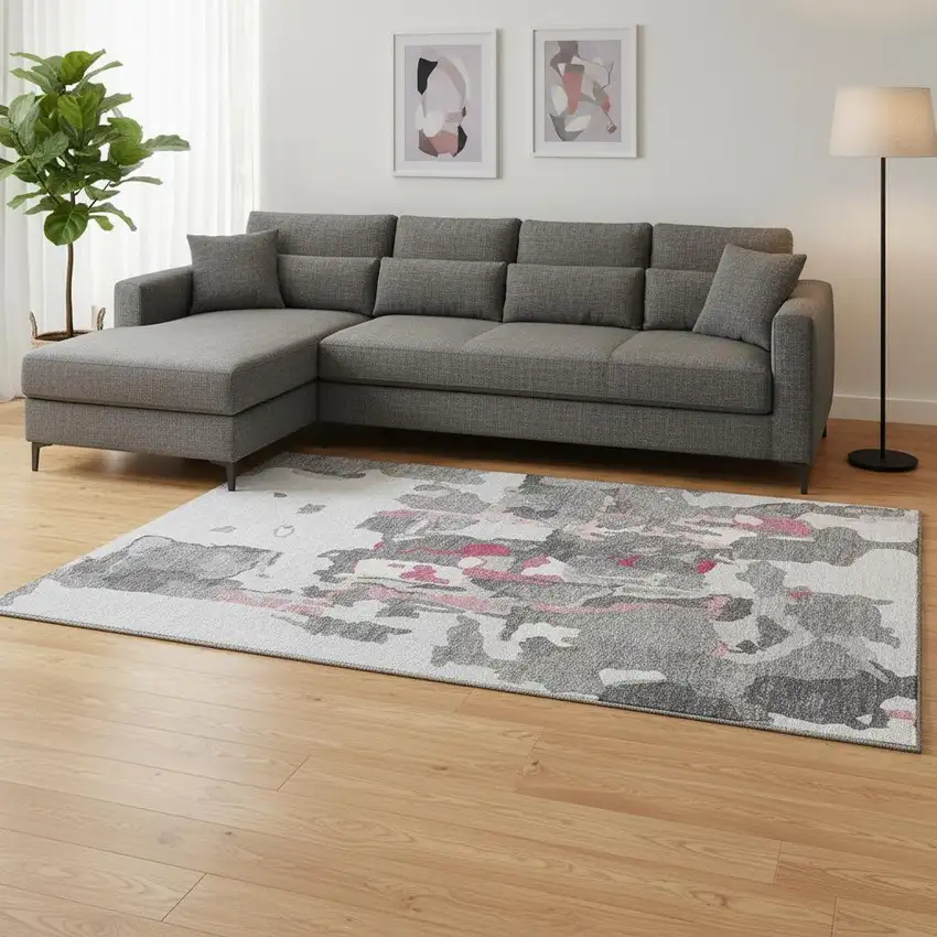 Gray Pink And Ivory Abstract Washable Area Rug With UV Protection Photo 2