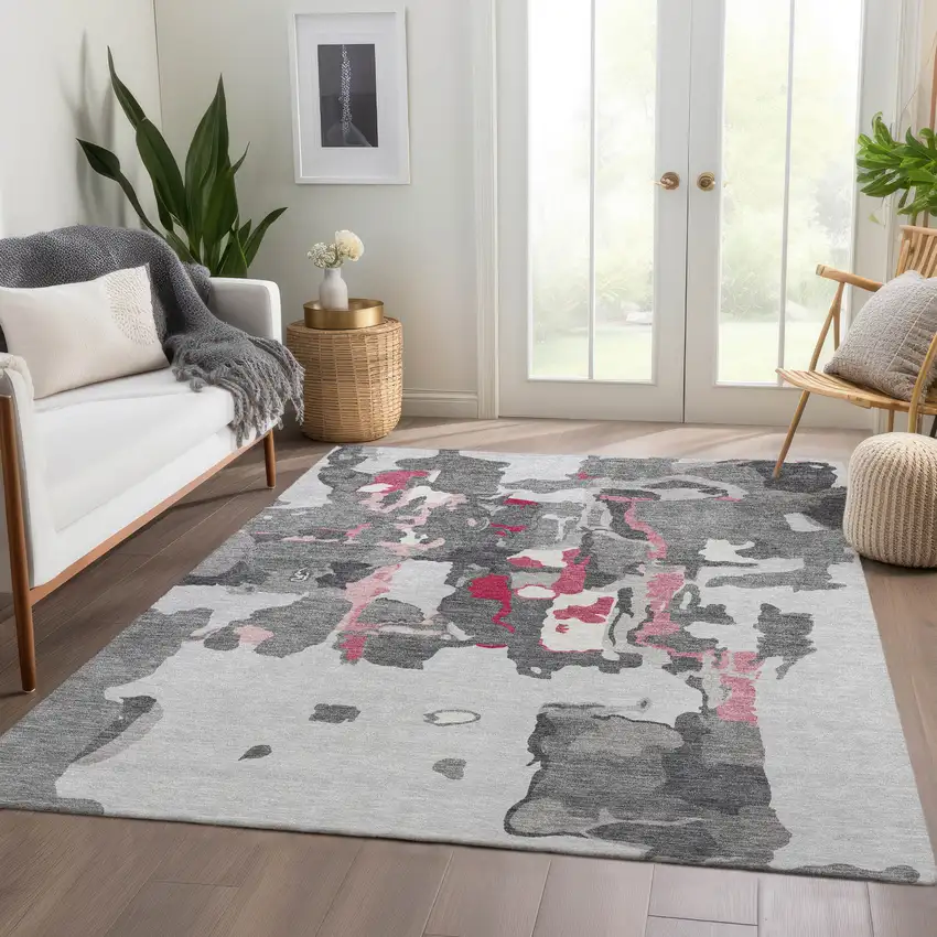 Gray Pink And Ivory Abstract Washable Area Rug With UV Protection Photo 5