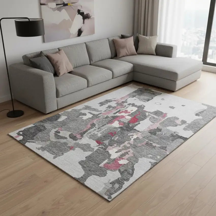 Gray Pink And Ivory Abstract Washable Area Rug With UV Protection Photo 2