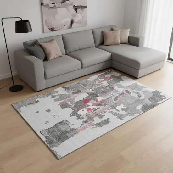 Gray Pink And Ivory Abstract Washable Area Rug With UV Protection Photo 2