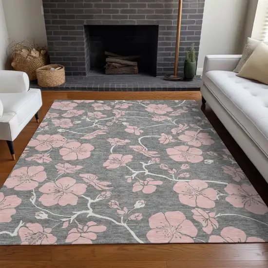 Gray Pink And Ivory Floral Washable Indoor Outdoor Area Rug Photo 9