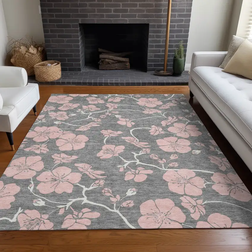 Gray Pink And Ivory Floral Washable Indoor Outdoor Area Rug Photo 9