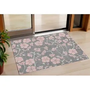 Photo of Gray Pink And Ivory Floral Washable Indoor Outdoor Area Rug