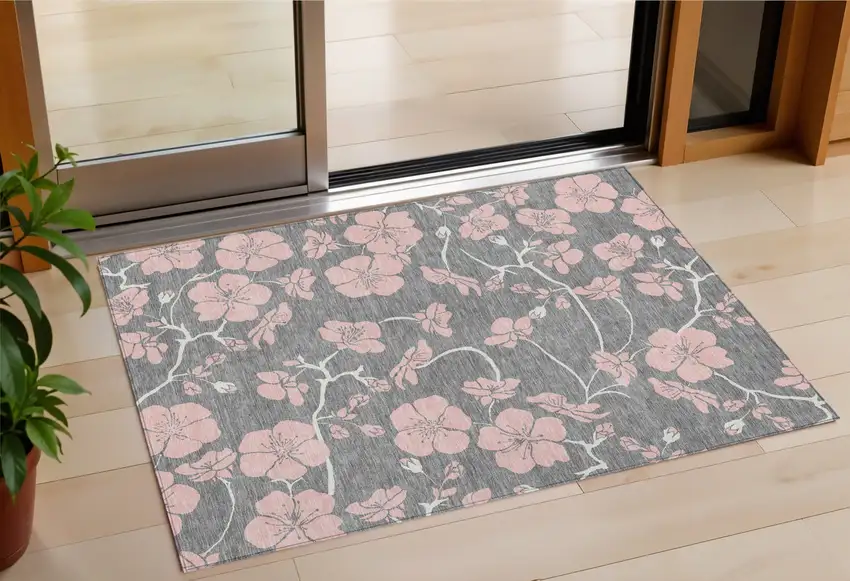 Gray Pink And Ivory Floral Washable Indoor Outdoor Area Rug Photo 1