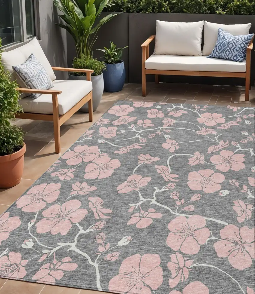 Gray Pink And Ivory Floral Washable Indoor Outdoor Area Rug Photo 1