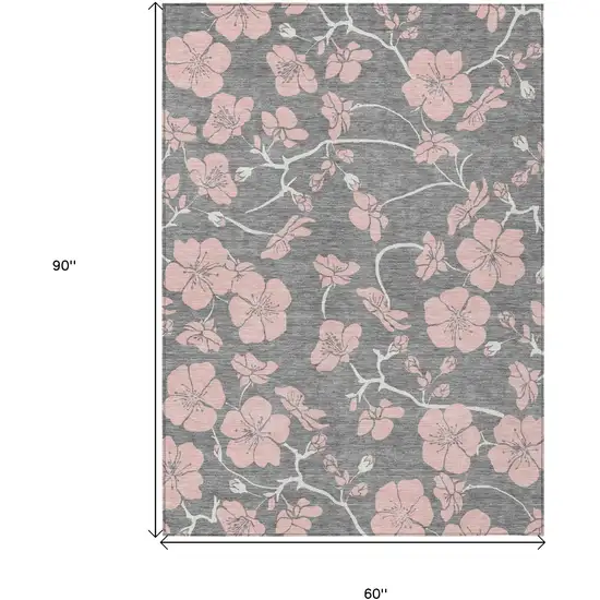 Gray Pink And Ivory Floral Washable Indoor Outdoor Area Rug Photo 3
