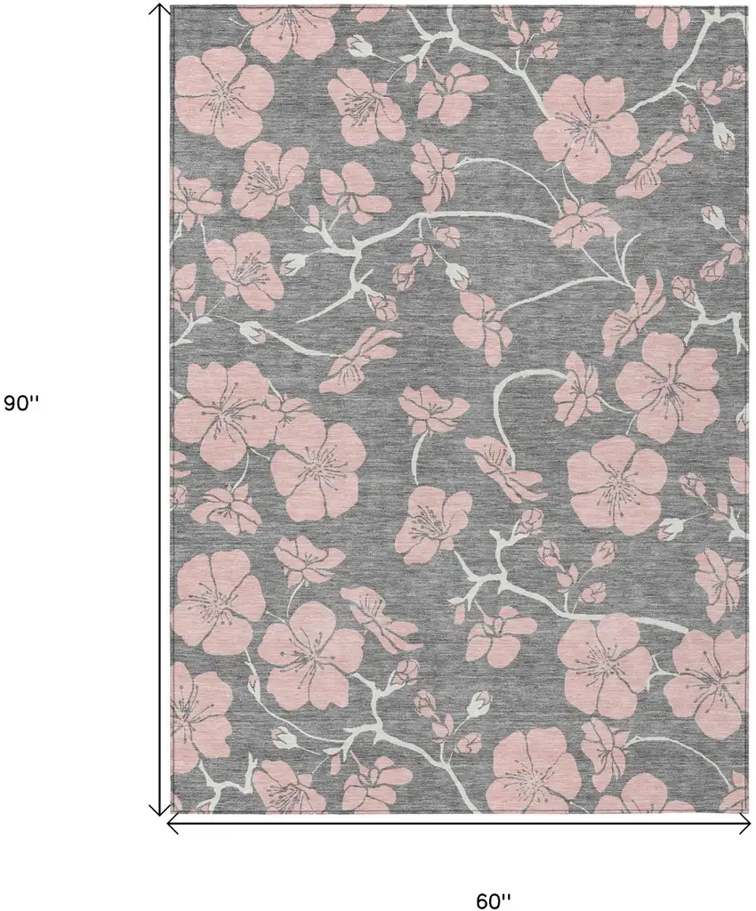 Gray Pink And Ivory Floral Washable Indoor Outdoor Area Rug Photo 3