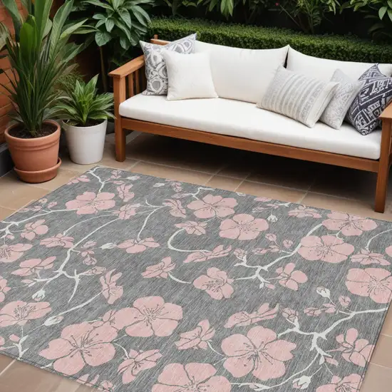 Gray Pink And Ivory Floral Washable Indoor Outdoor Area Rug Photo 1