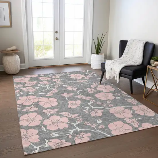Gray Pink And Ivory Floral Washable Indoor Outdoor Area Rug Photo 9