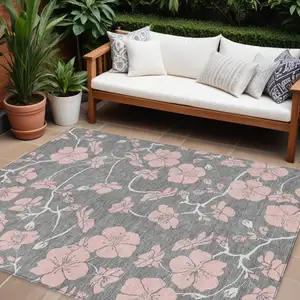 Photo of Gray Pink And Ivory Floral Washable Indoor Outdoor Area Rug