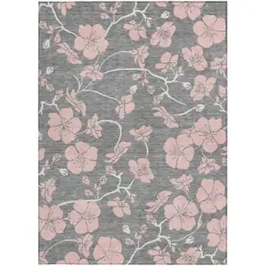 Photo of Gray Pink And Ivory Floral Washable Indoor Outdoor Area Rug