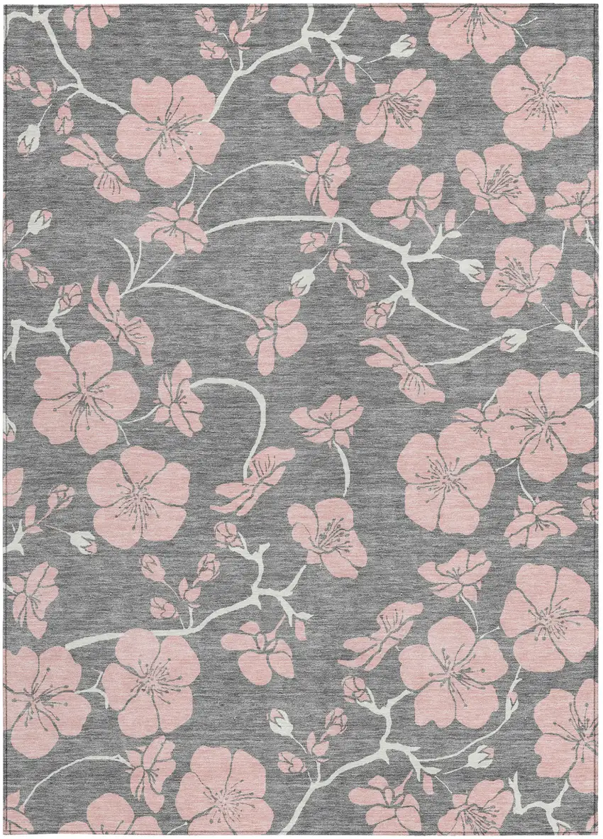 Gray Pink And Ivory Floral Washable Indoor Outdoor Area Rug Photo 8