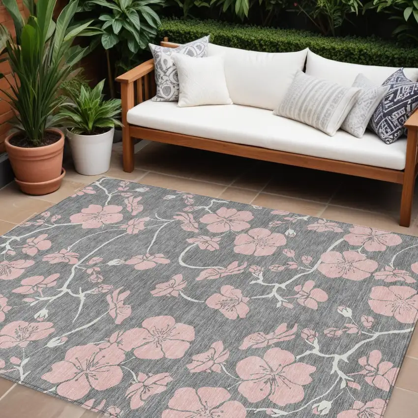 Gray Pink And Ivory Floral Washable Indoor Outdoor Area Rug Photo 1