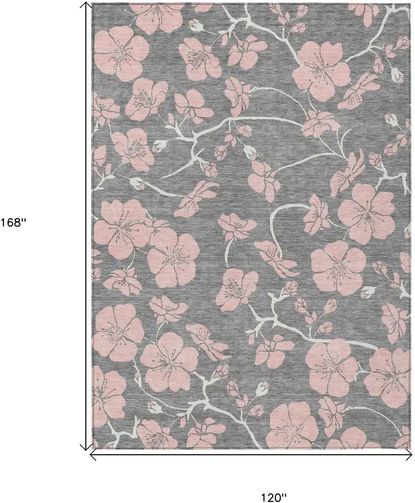 Gray Pink And Ivory Floral Washable Indoor Outdoor Area Rug Photo 3